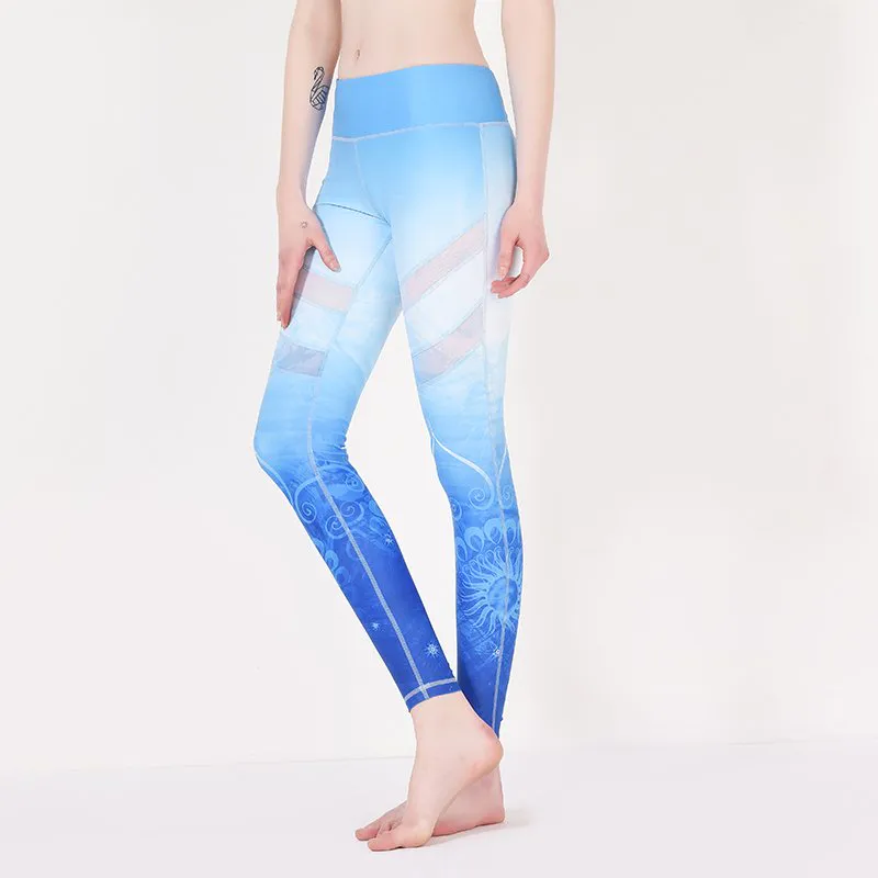 Pantalones de yoga con estampado floral azul con malla y1912p08