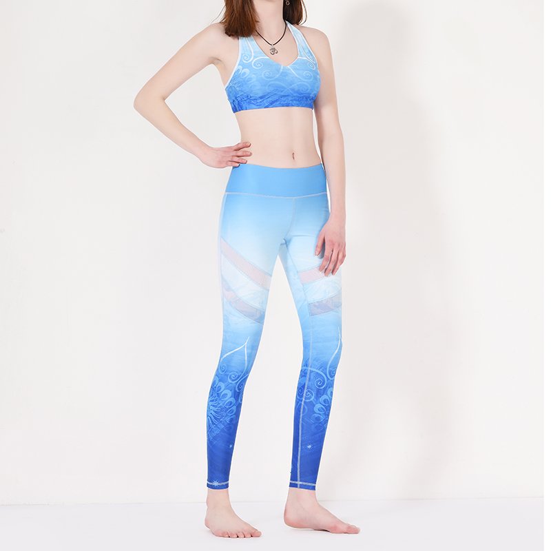 Blaue Blumenmuster-Yoga-Hosen mit Mesh Y1912P08