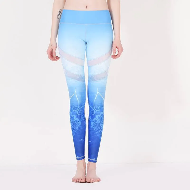 Pantalones de yoga con estampado floral azul con malla y1912p08