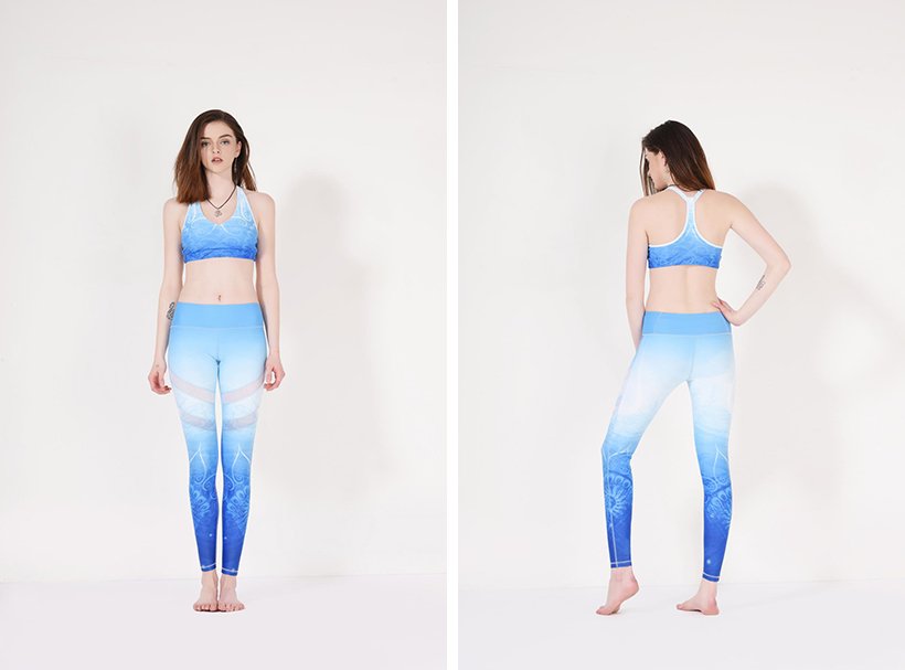 Pantalon de yoga bleu à motifs fleuris avec mesh Y1912P08 pour Yoga ou Sport