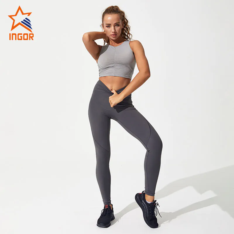 Ingorsports Custom High Waisted Yoga Leggings And Sports Bra Set Compression Gym Tight Pants Wear Women Fitness Sets