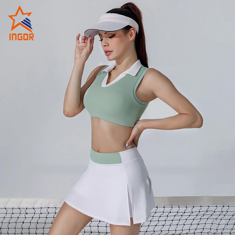 Ingorsports Wholesale Fitness Tennis Collar Crop Top / Women Sportswear Tennis Padding Sports Sets