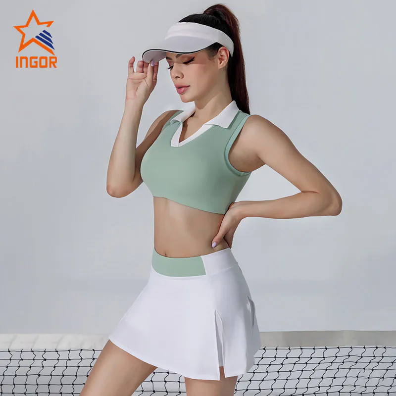 Ingorsports OEM ODM Fitness Tennis Collar Crop Top / Women Sportswear Tennis Padding Sports Sets