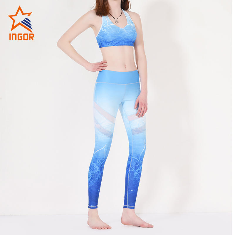 Ingorsports blue floral patterned yoga pants with mesh Y1912P08