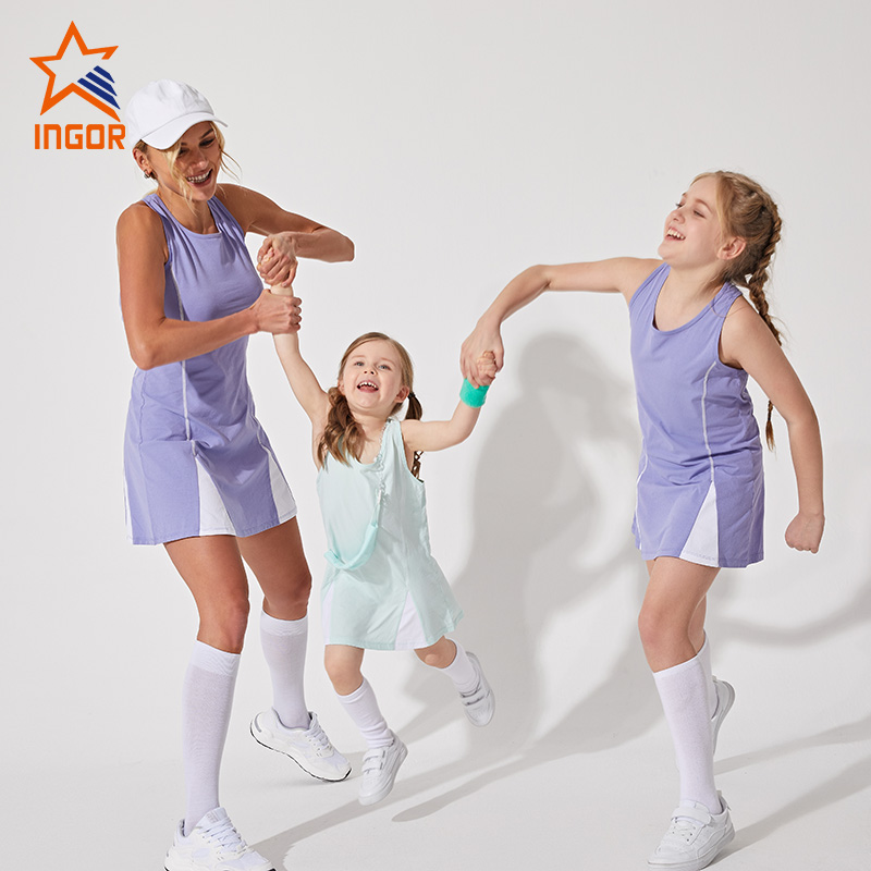 Ingorsports Manufacturing Niestandardowe ubrania dla rodziców i dzieci Wyścigowe plecy Biała kontrastowa linka do szycia Jednoczęściowa spódnica dla dzieci Casual Odzież sportowa