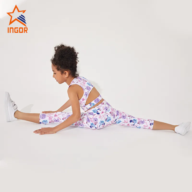 Ingorsports Wholesale Kids Sublimation Floral Pattern Print Soft Bottom Elastic Band U-Neck & Cut off Back Style Sports Yoga Fitness Wear