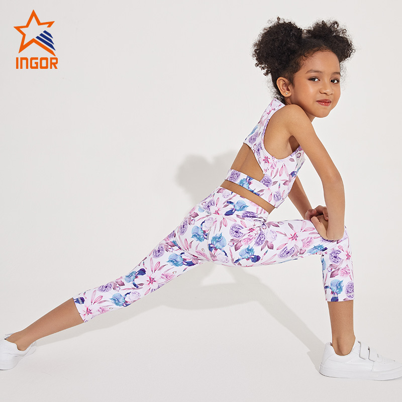 Ingorsports hurtownia niestandardowa sublimacja kwiatowy wzór drukuj legginsy o długości 7/8 dla dzieci sport joga odzież na siłownię