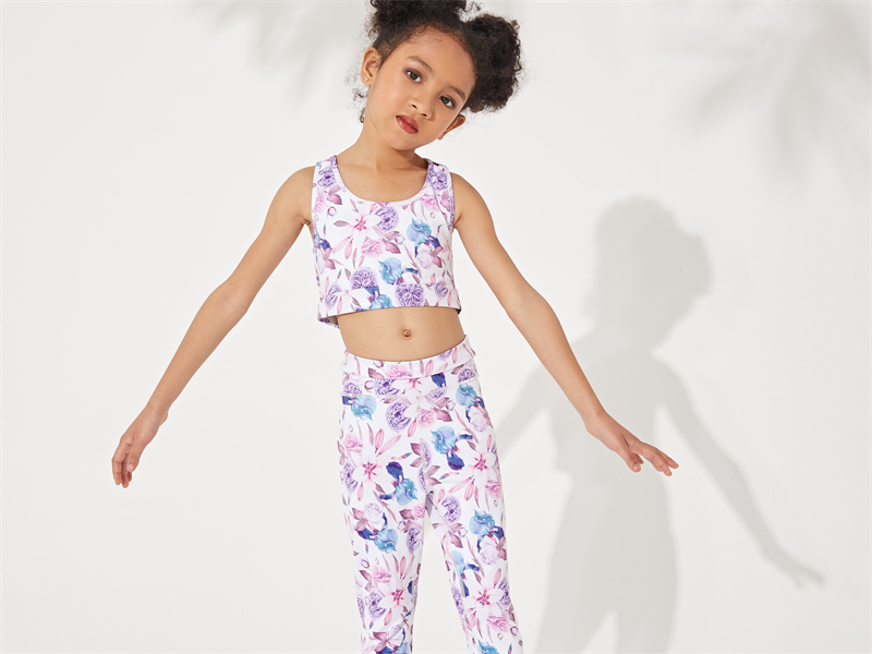 Ingorsports Groothandel op maat gemaakte sublimatie beha met bloemmotief en 7/8 lengte legging voor kinderen Sport Yoga Gym Fitnesskleding