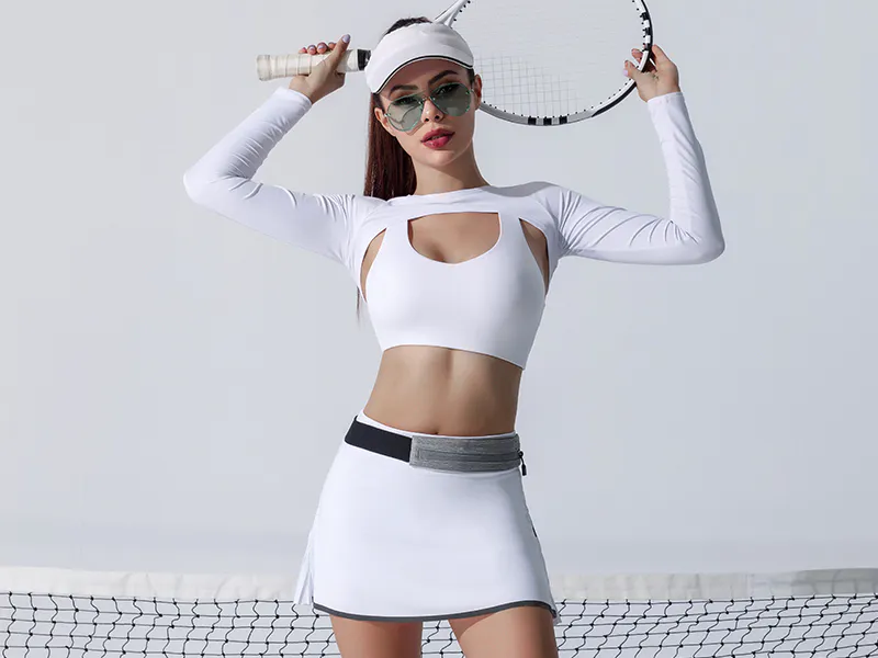 Ingor customize design girls tennis clothing wholesale school women skating tennis wear- 3 pieces set with top & bra & set /light weight dry fit material/ reflective strape on bottom and back/ suitable for all types of sports/OEM & ODM service