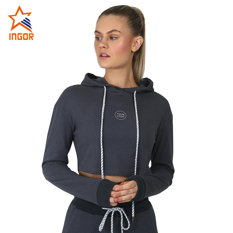 Ingorsports Women Custom fashion long sleeve hooded yoga top crop short gym sports active hoodies