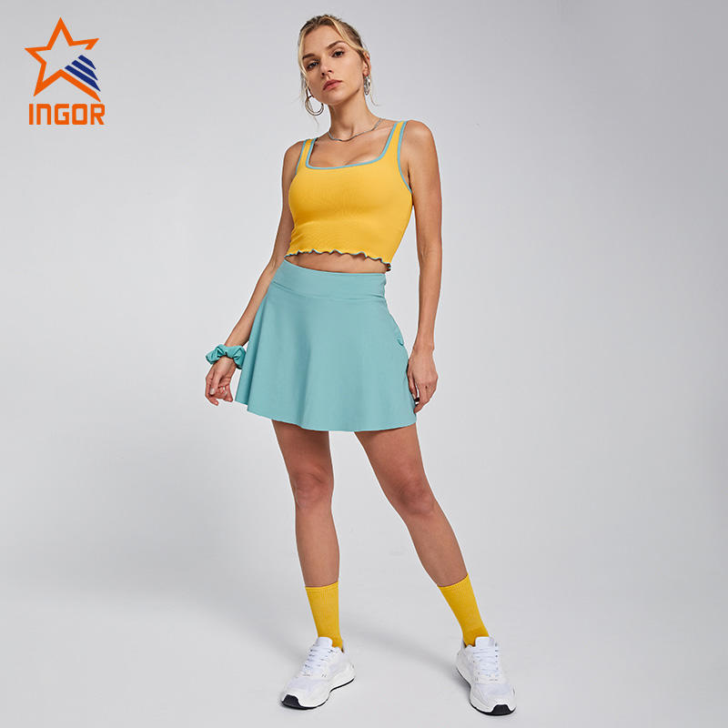 Contrast Color Binding Bra & Loose Fit Outer Layer Tennis Skirt With Inner Short Custom Activewear Manufacturer