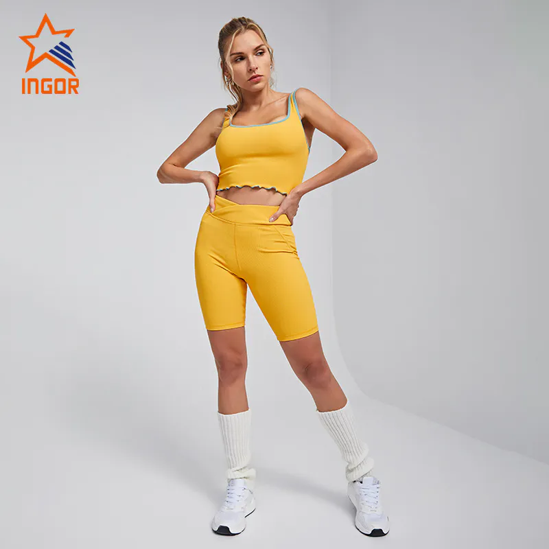 Ingorsports Gym Wear Manufacturers Contrast Color Binding Bra & V Waistband Yoga Legging Set