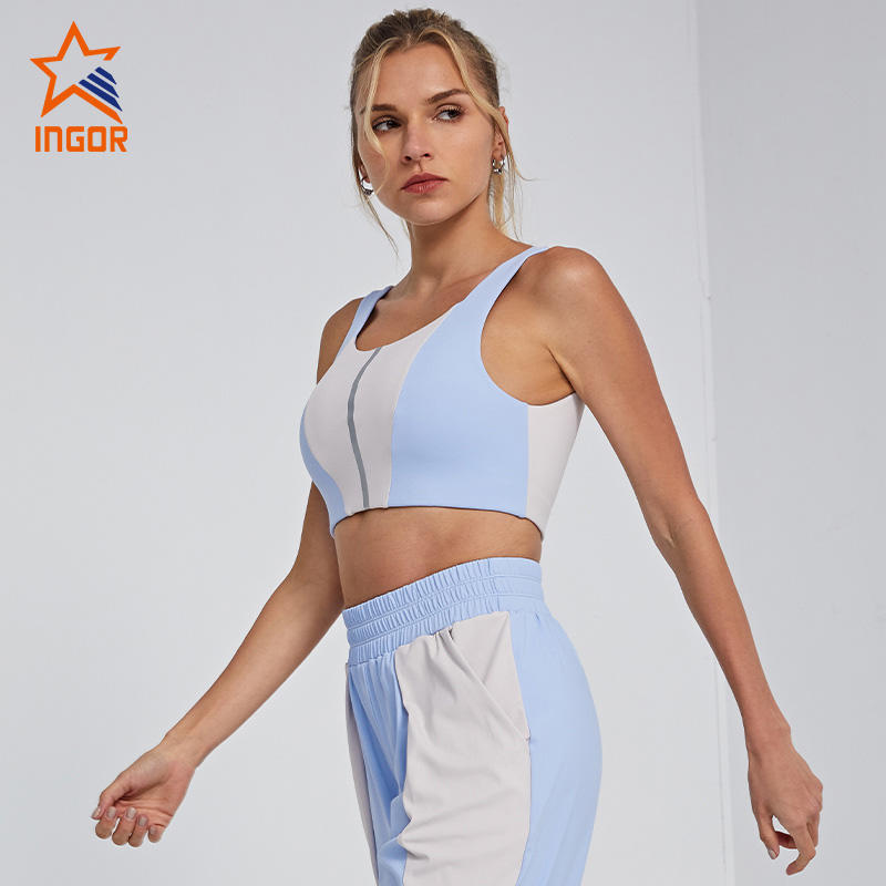 Ingorsports Private Label  Wholesale Sports Wear Deep Scoop U Back Sports Bra With Reflective Tape Contrast Color Design