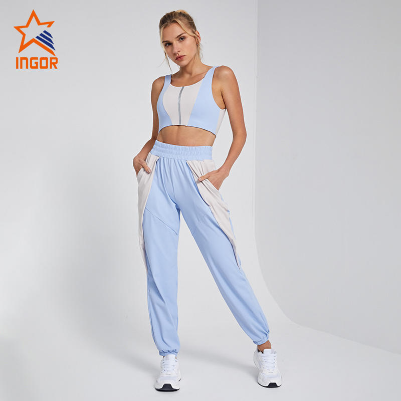 Ingorsports Custom Fitness Apparel Deep Scoop U Back Sports Bra With Reflective Tape Contrast Color & Loose Fit Cutting Jogger Pant Set With Two Side Pocket