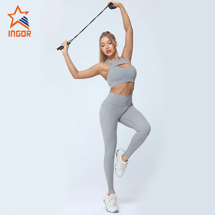 Ingorsports Workout Clothes Manufacturer Custom Racer Back Design High Support Sports Bra & Yoga Legging Pant Suit With Pockets