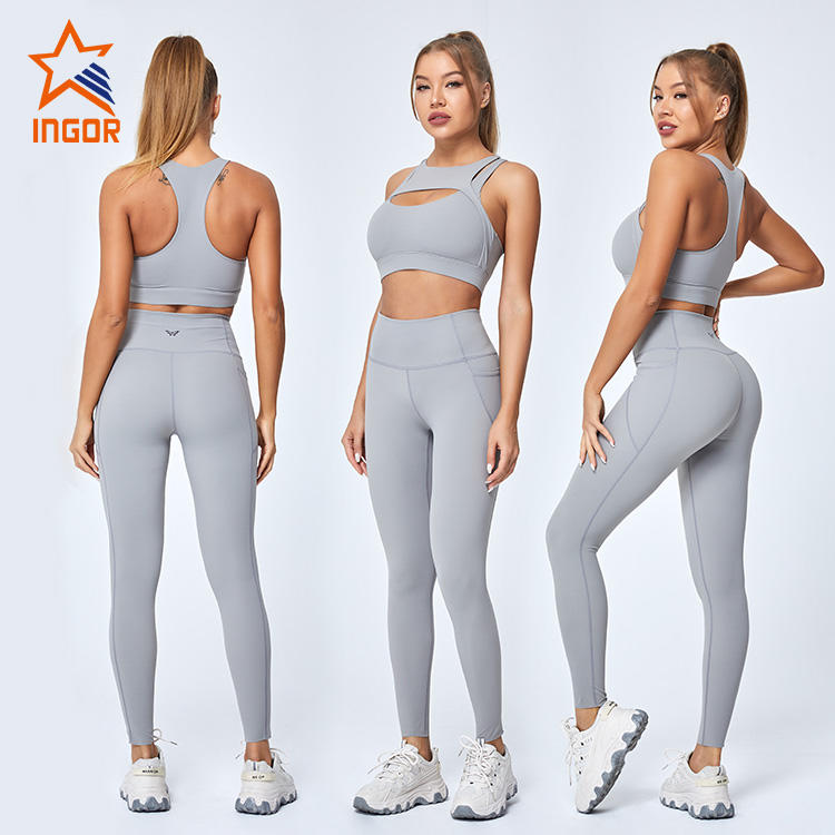 Ingorsports Workout Clothes Manufacturer Custom Racer Back Design High Support Sports Bra & Yoga Legging Pant Suit With Pockets