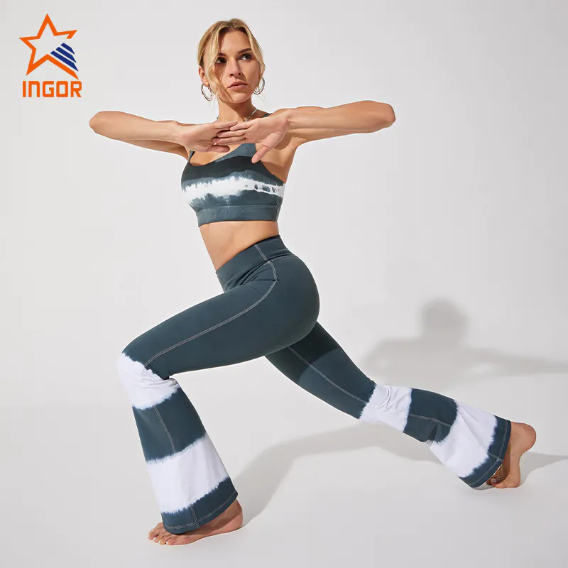 Ingorsports Gym Wear Manufacturers Tie Dye Removable Padding Bra & High Waistband Flare Legging Yoga Set
