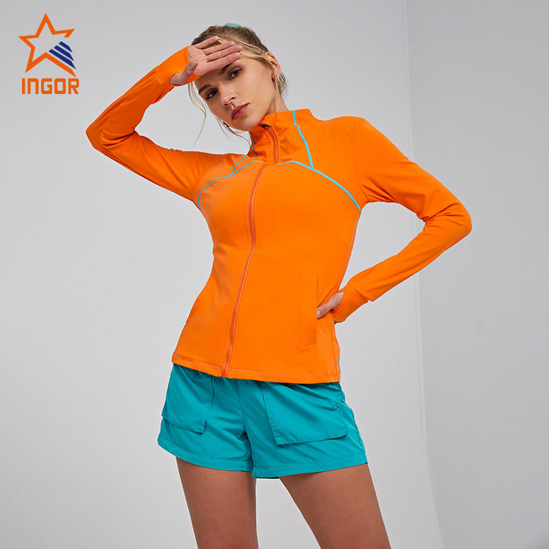 Ingorsports Gym Wear Manufacturers Contrast Sewing Line Color Jackets & Running Shorts Sets For Women