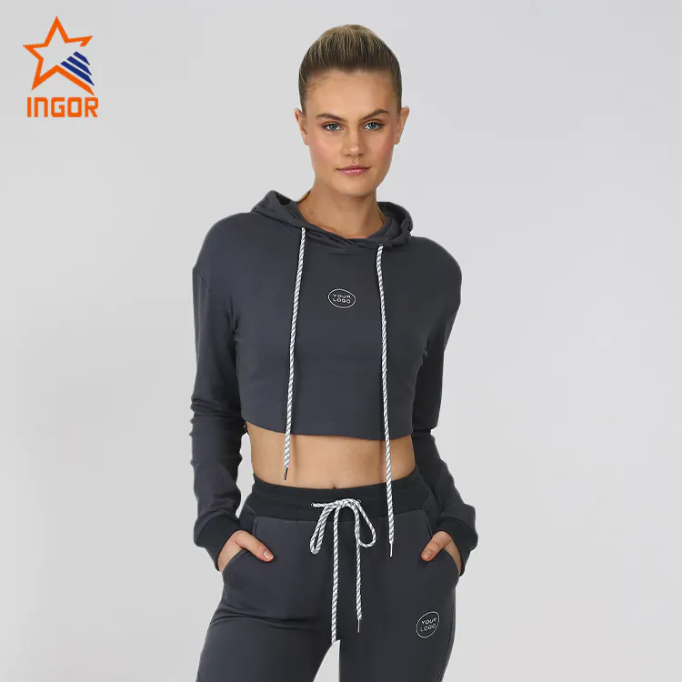 Ingorsports Women Custom Fashion Long Sleeve Hooded Yoga Top Crop Gym Sports Active Hoodies