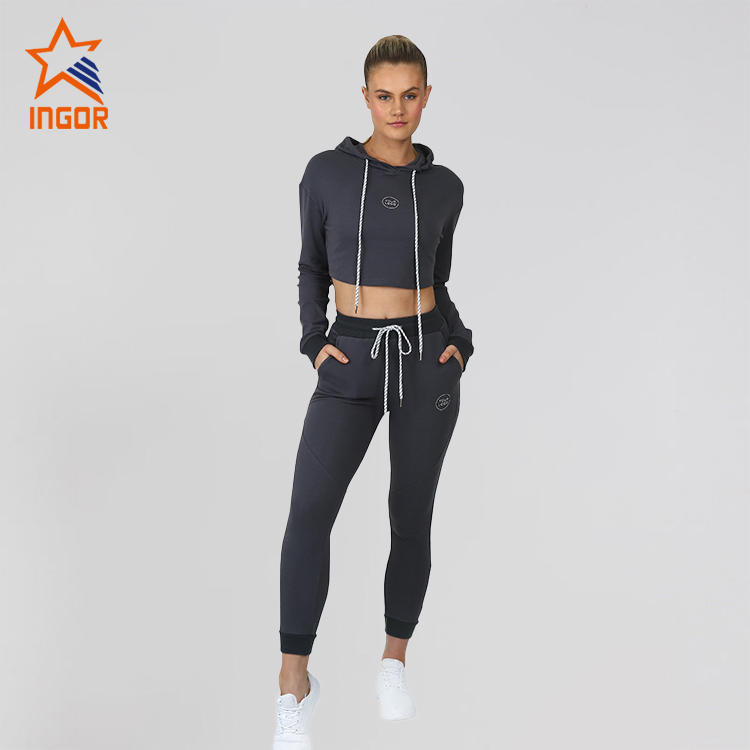 Ingorsports Women Custom Fashion Long Sleeve Hooded Yoga Top Crop Gym Sports Active Hoodies