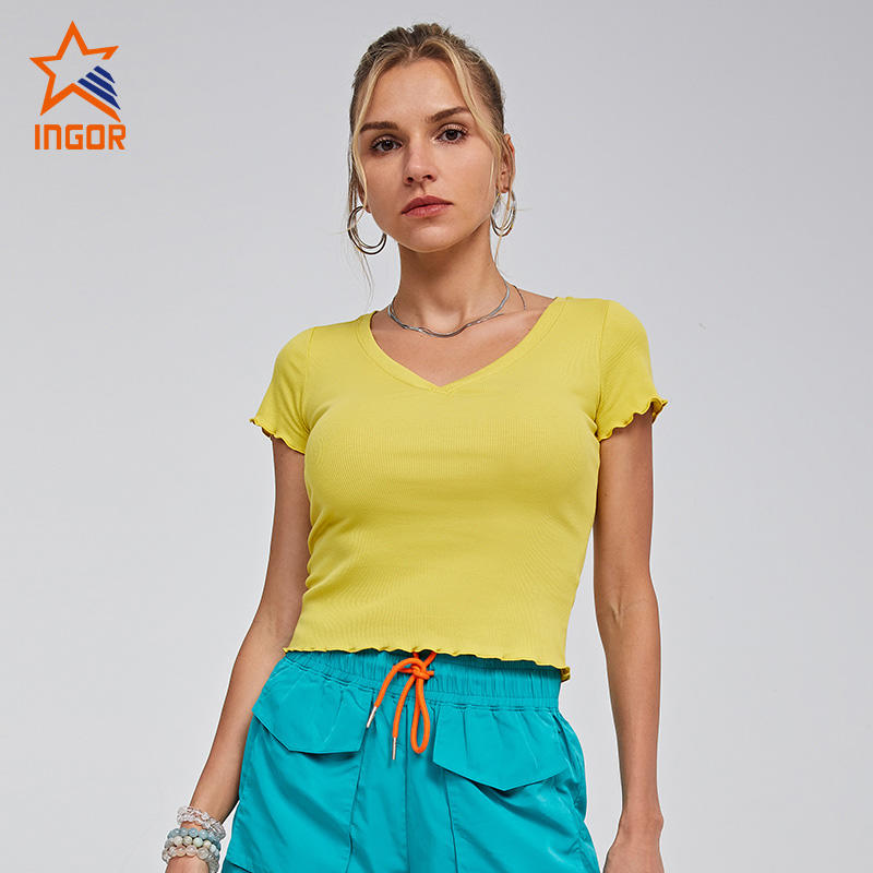 Ingor Sportswear Custom Gym Clothing Manufacturers Women Exposed Seam V neck Crop T-Shirt