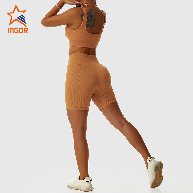 Ingor Sportswear Manufacturer Seamless Ribbed Square Neck Yoga Bra & Butt Lifting Biker Short Set Gym Wear