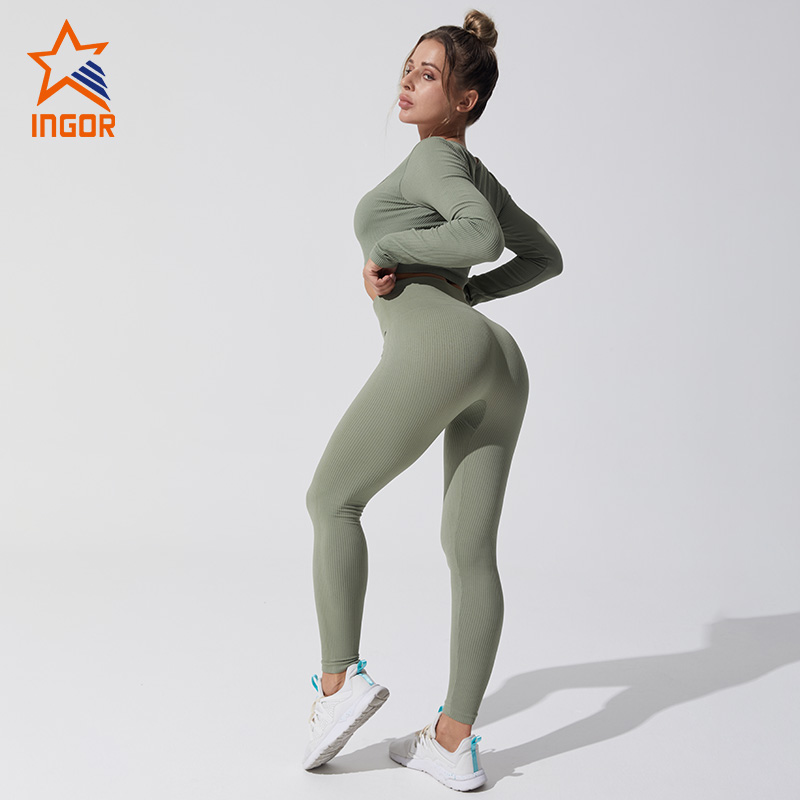 Ingor sportswear gym wear manufacturers ribbed seamless crop tee & butt lifting leggings set