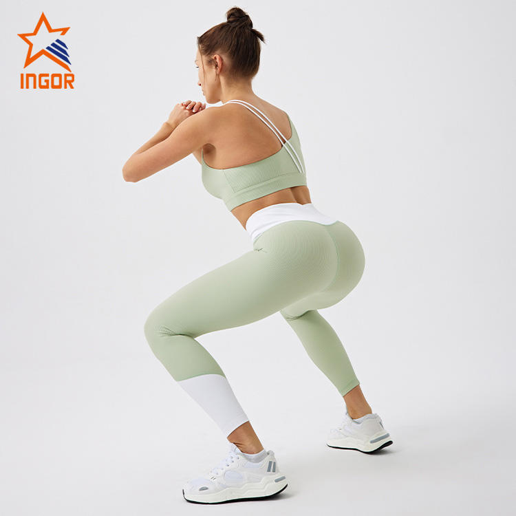 Ingorsports Activewear Supplier Custom Ribbed Contrast Color High Waistband 7/8 Length Legging With Recycled Sustainable Fabric