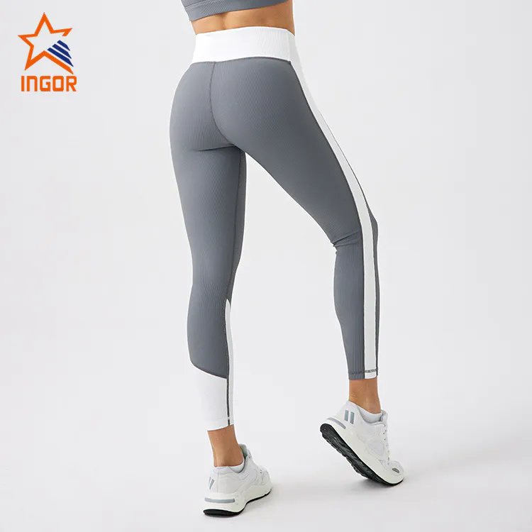 Ingorsports Activewear Supplier Custom Ribbed Contrast Color High Waistband 7/8 Length Legging With Recycled Sustainable Fabric