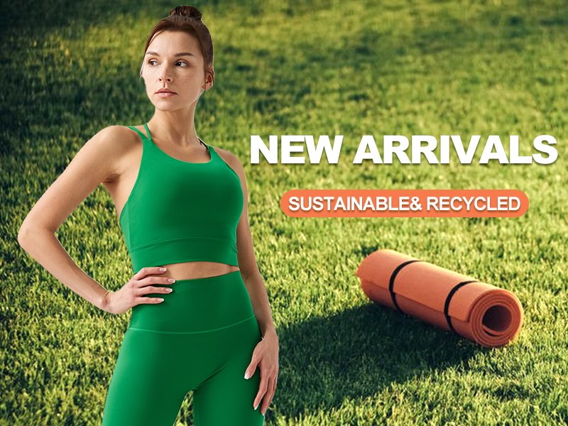 Ingorsports Conjuntos de yoga con sujetador y mallas deportivas para mujer con correa de color en contraste de tejido acanalado sostenible reciclado para mujer