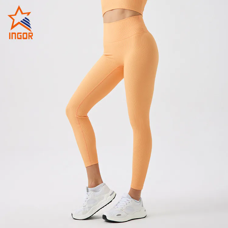 Ingorsports Custom Fitness Apparel Women Sustainable Recycled Rib Fabric High Waistband 7/8 Length Legging Without Front Seam