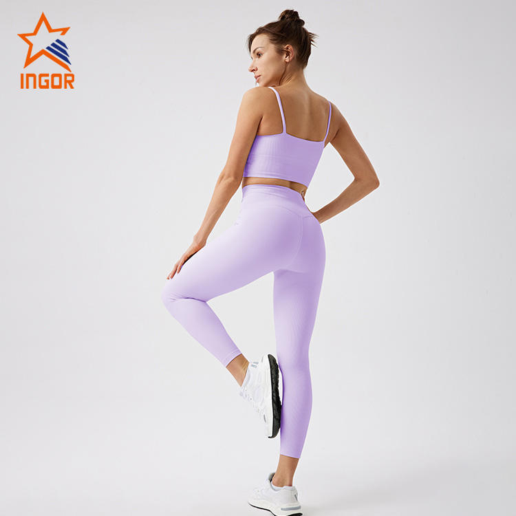 Ingorsports Sustainable Activewear Manufacturer Custom Recycled Ribbed Fabric Classic Trendy Crop Top & High Waist Leggings Set