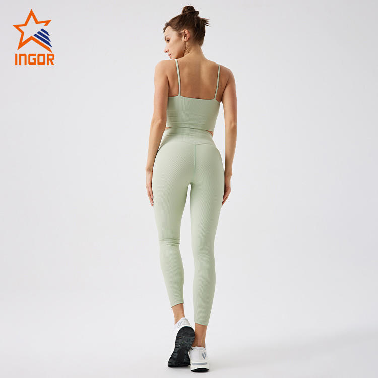 Ingorsports Sustainable Activewear Manufacturer Custom Recycled Ribbed Fabric Classic Trendy Crop Top & High Waist Leggings Set