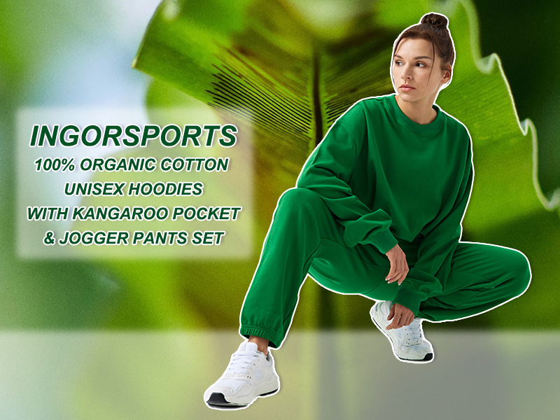 Deportes interiores | Conjunto de sudaderas con capucha unisex 100% algodón orgánico con bolsillo canguro y pantalones deportivos