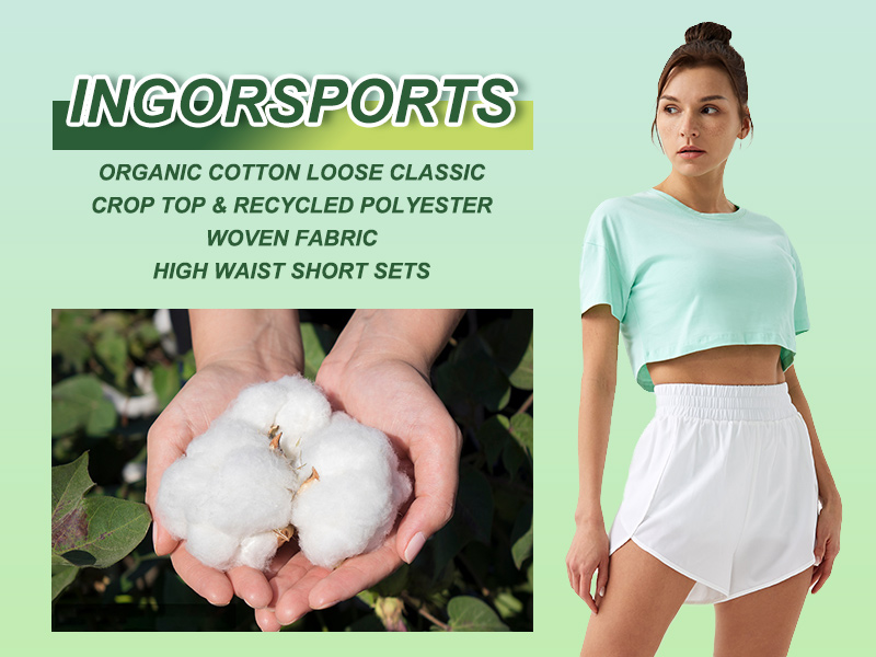 Conjuntos cortos de top corto clásico suelto de algodón orgánico y pantalones cortos de cintura alta de tejido de poliéster reciclado