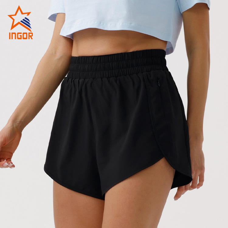 Ingorsports Athletic Wear Supplier Custom Activewear Women Recycled High Waist 2 In 1 Shorts With Zipper Pocket