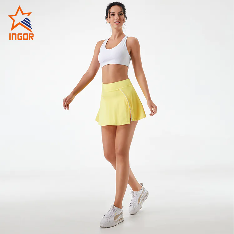 Ingorsports Custom Activewear Women Tennis Skirt Outfits Contrast Color Stitching Slit Skirt