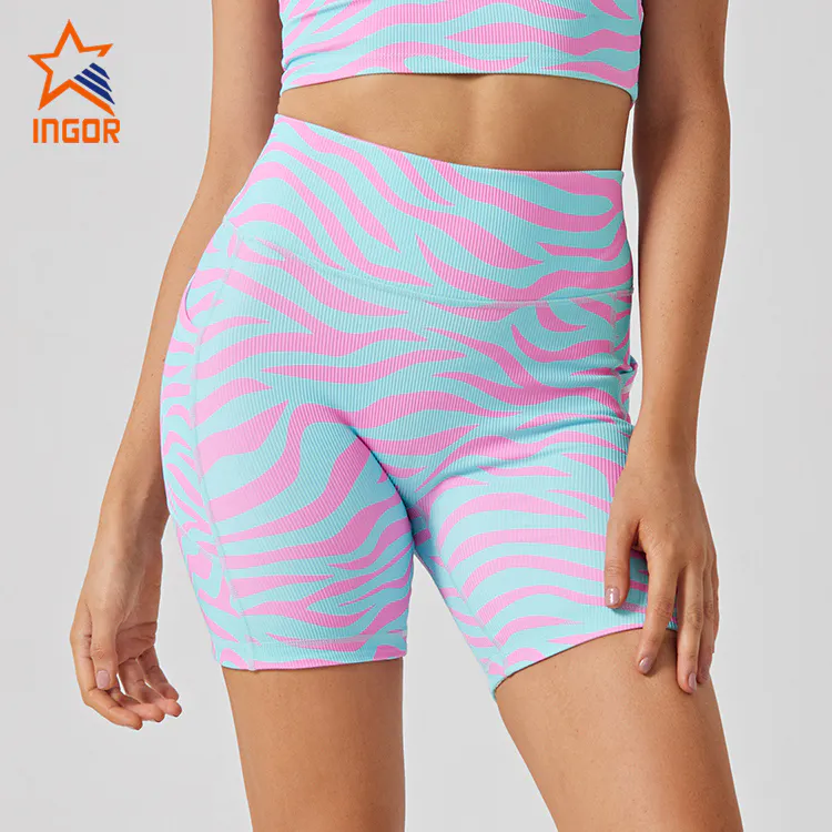 Ingorsports Gym Shorts Distributor Custom Women No Front Seam High Waist Ribbed Fabric Biker Shorts