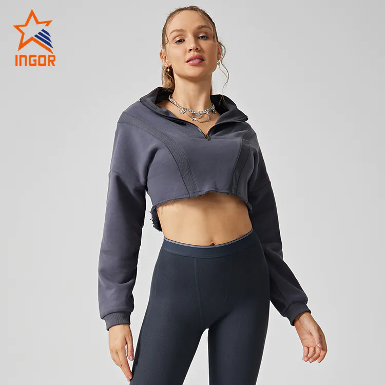 Ingor Sportswear Workout Clothes Supplier Women Front Zipper Crop Hoodies