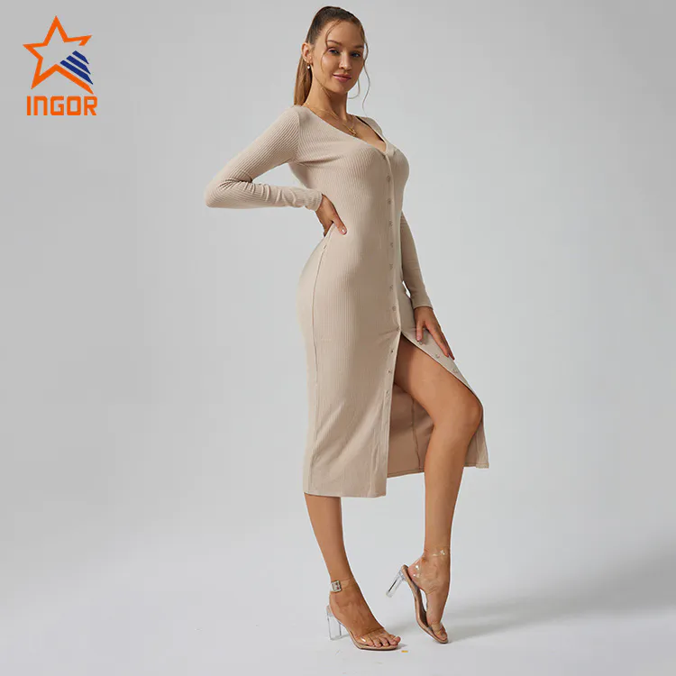 Activewear Apparel Manufacturers Custom Women Ribbed Button Front Midi Dress