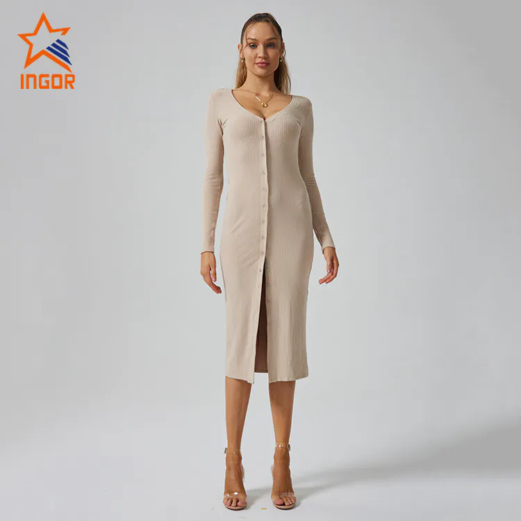 Activewear Apparel Manufacturers Custom Women Ribbed Button Front Midi Dress